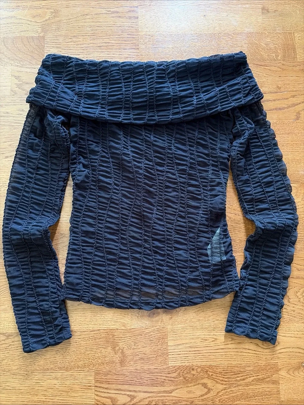 Free People Soft Lines Sheer Black Off the Shoulder Top Long Sleeve XS Ruched